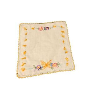 Vintage Table Top Embroidered Butterfly and Flowers Cloth Textile Fabric Square